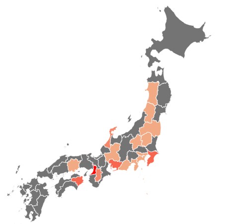 医療機関が外部からのサイバー攻撃を受けた都道府県を件数で色分けした日本地図。大阪が最多5件、徳島・愛知・千葉が各3件など全国14都道府県
