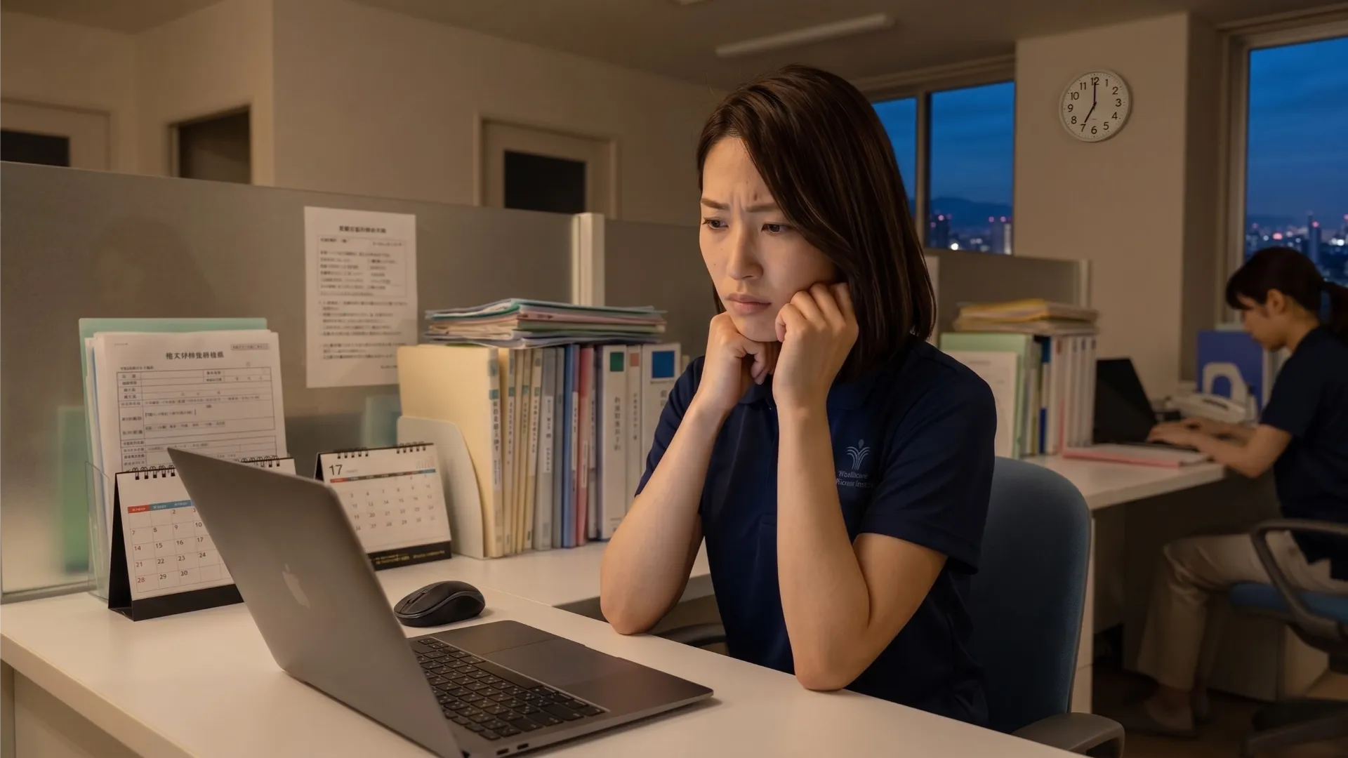 訪問後のSOAP記録のために夜遅くまで残業し、疲弊する訪問看護師